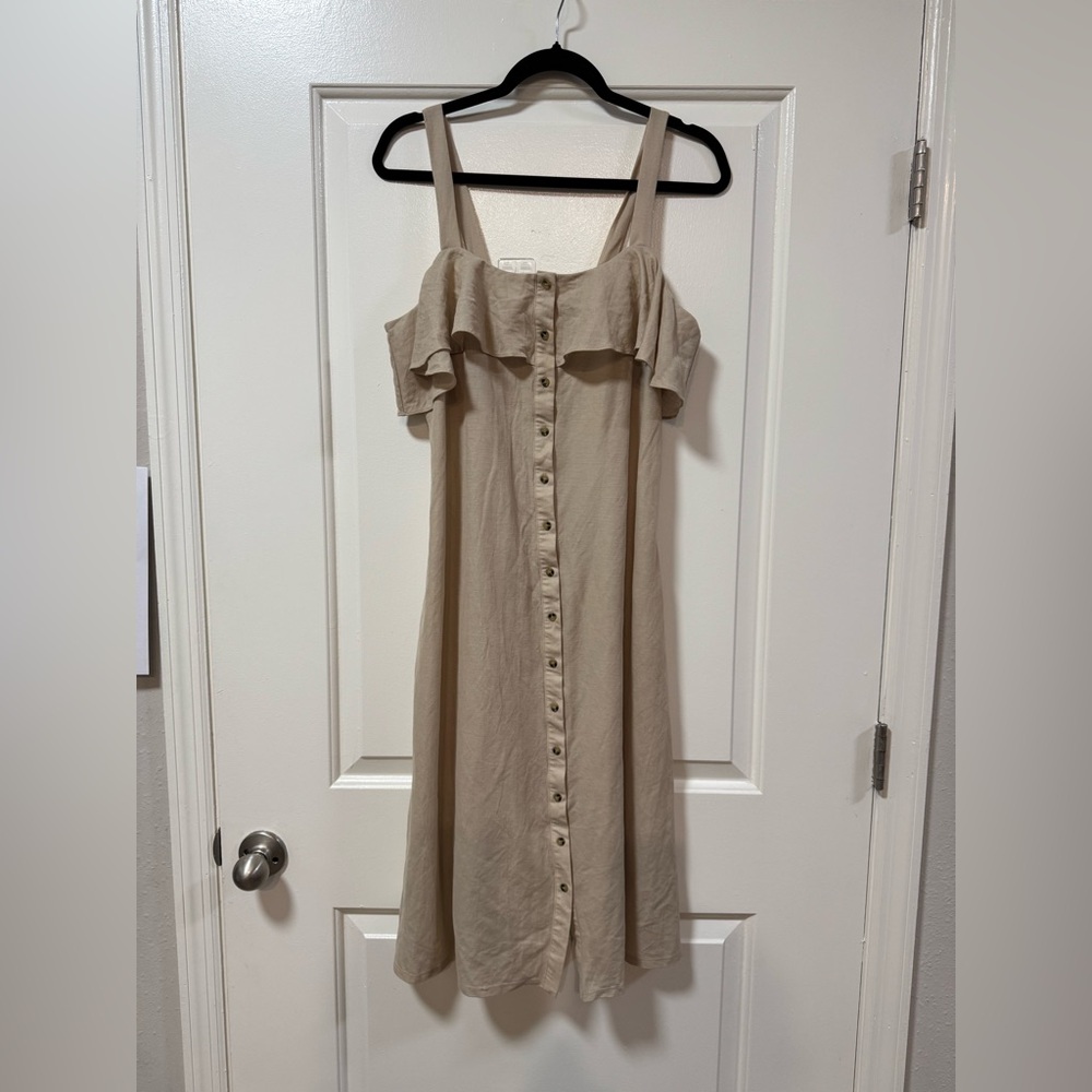 Gianni Bini Button Front Dress Women Size L Beige Sleeveless Ruffle Bust Midi